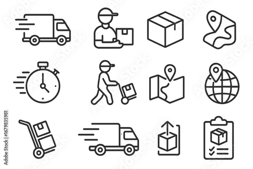 Delivery and logistics line icon set. Shipping service, fast transport, parcel tracking, courier. Cargo truck, box, map pin, express delivery outline vector pictograms.