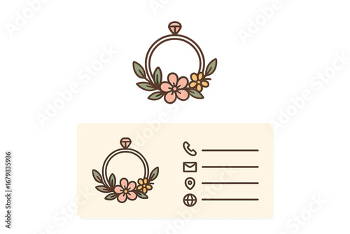 Floral jewelry logo with a diamond ring and business card. Elegant branding identity set for a wedding or boutique. Minimalist vector with a botanical flower symbol for a beauty brand.