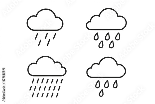 Collection of weather line icons. Rain cloud outline signs for graphic and web design. Vector illustration of rainy forecast, downpour, drizzle for apps, UI, UX design.