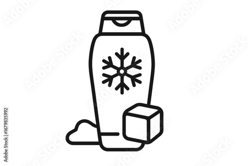 Cooling conditioner or shampoo icon with menthol effect. Outline vector of a cosmetic bottle with snowflake, ice cube and gel. Refreshing hair and body care product line art.