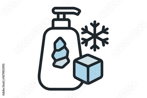 Cooling conditioner icon with ice and snow. Cold menthol effect for lotion, soap, or gel. Winter skincare product with snowflake. Vector illustration for apps and web design.