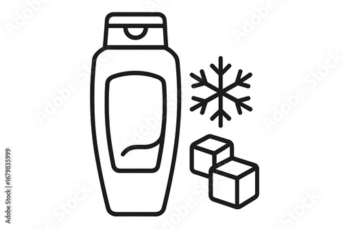 Cooling shampoo or conditioner with ice cubes and snowflake. Menthol fresh concept for hair care product. Cold frost effect. Vector outline icon for cosmetics packaging.