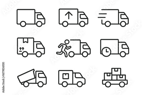 Delivery truck icon set. Logistics and shipping line icons. Transport, cargo, and freight vehicle symbols. Fast express delivery, courier service vector illustration collection.