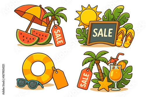 Set of summer sale cartoon icons. Tropical vacation and beach elements for promotional design. Vector illustration of sun, palm, watermelon, cocktail for marketing materials.