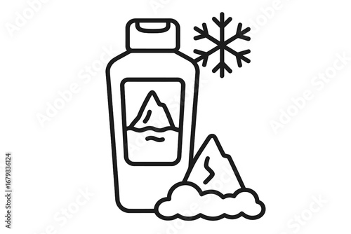 Shampoo bottle with refreshing ice and snow. Outline vector icon for cooling conditioner or shower gel. Menthol, arctic fresh cosmetic concept. Winter hair care product.