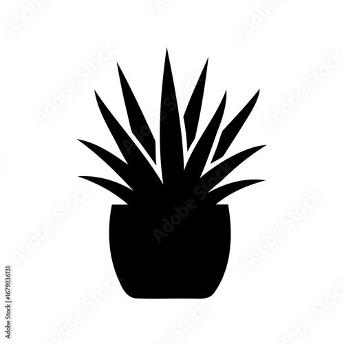 A potted plant with pointy leaves illustrated in black and white image