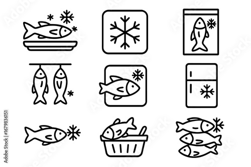 Frozen fish and seafood thin line icon set. Food preservation and storage symbols. Refrigerator, freezer, and cold package signs for grocery store, market, and packaging.