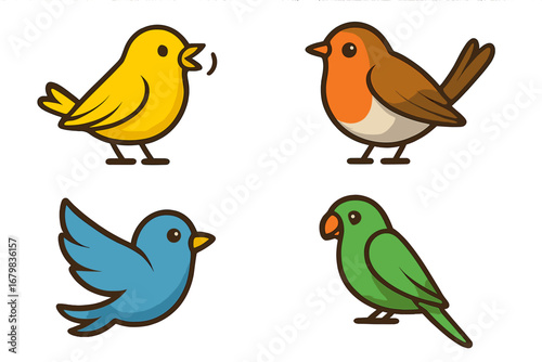 Set of cute cartoon birds. Bird icon collection with canary, robin, bluebird, and parrot. Vector character illustration for logo, mascot, or nature design element. Adorable animal wildlife.
