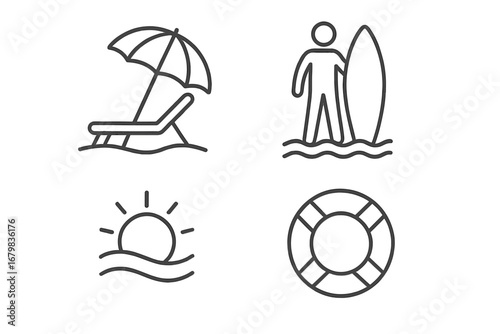 Beach vacation and summer travel icon set. Thin line art pictograms of surfing, sun lounger, sunset and lifebuoy. Vector graphic elements for web design, apps and articles.