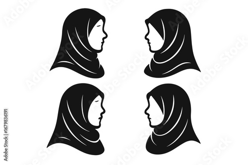 Set of Islamic woman head silhouettes wearing hijab. Muslim girl profile icon collection. Vector logo template for brand identity. Arabic female in traditional headscarf.