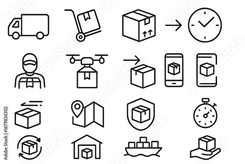 Delivery and logistics thin line icon set. Shipping, transport, and e-commerce outline symbols. Package tracking, courier, cargo, and warehouse vector signs for web and apps.