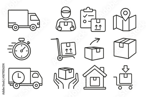 Delivery service thin line icon set. Logistics and shipping concept. E-commerce transport, courier, cargo, parcel, truck vector outline pictograms for web, app, graphic design.