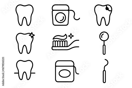 Dentistry line icon set. Dental care, oral hygiene concept. Tooth, teeth, caries, floss, toothbrush, toothpaste, dental instruments outline signs. Stomatology vector pack.