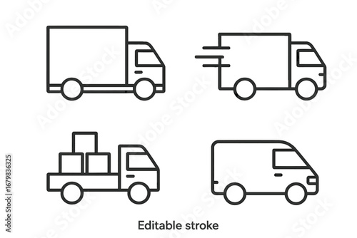 Delivery truck vector icon set. Transport, van, lorry, and shipping symbols. Thin line logistics, freight, and cargo collection. Editable stroke for web, mobile, and apps.