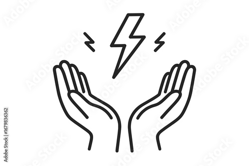 Energy in hands line icon. Power, electricity, charge concept. Lightning bolt symbol. Creative idea, innovation, inspiration metaphor. Strength, magic, miracle vector illustration.