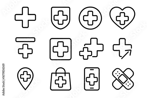 Medical and healthcare line icon set. Medicine, hospital, pharmacy, and first aid symbols. Vector outline icons for web, app, health insurance, telemedicine, and emergency.