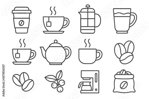 Coffee and tea line icon set. Vector symbols for cafe menu, hot drinks, and beverages. Includes cup, mug, teapot, coffee maker, french press, beans. Minimalist outline style.