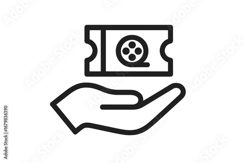 Hand holding cinema ticket line icon. Movie pass symbol for entertainment and film festival. Admission for show or performance. Vector illustration for web, app, graphic design.
