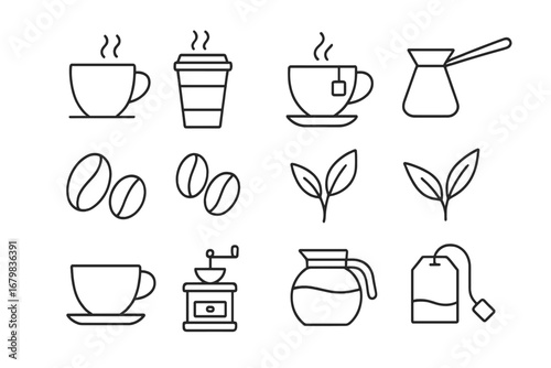 Coffee and tea outline icon set. Vector linear illustrations for cafe menu, beverage concept. Includes coffee cup, beans, grinder, teabag, leaves. Minimalist drink symbols.