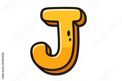Letter J cartoon style font for kids. Cute yellow 3D alphabet initial for education, school, or fun design. Vector illustration of a bubble letter on a transparent background.