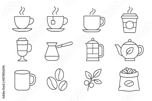 Coffee and tea line icon set. Vector graphic symbols for cafe menu, hot drinks, beverages. Includes cup, mug, teapot, french press, cezve, coffee beans, and latte outline icons.