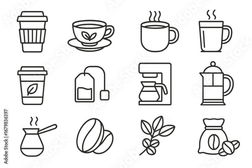 Coffee and tea line icon set. Vector symbols for cafe menu, coffee shop. Includes to-go cup, mug, teacup, coffee maker, french press, beans, teabag. Thin outline pictogram.