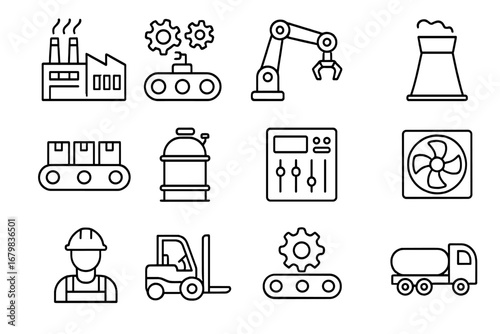 Factory and industry line icon set. Manufacturing, production, automation concepts. Vector icons of robotic arm, conveyor belt, forklift, worker, assembly line pictogram.