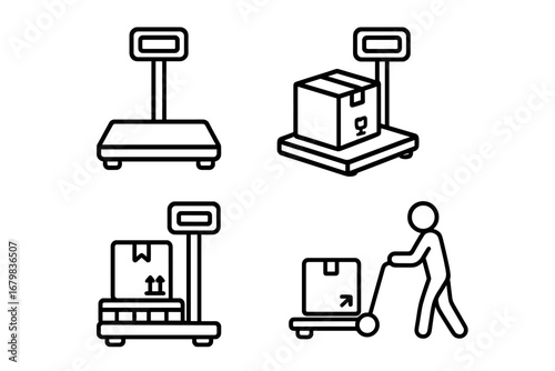 Industrial floor scale and logistics line icon set. Vector outline illustration of weighing packages, cargo shipping, warehouse freight, and delivery services. Measurement icons.