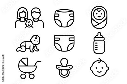Baby care and family life line icon set. Newborn, infant, parents and child symbols. Diaper, bottle, stroller, pacifier outline signs for web, apps, and print design.