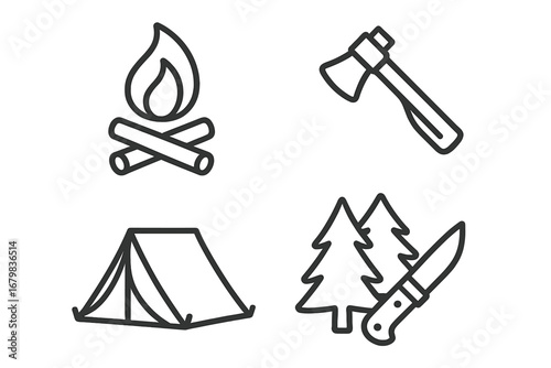 Camping and hiking line icon set. Bonfire, axe, tent, forest trees, and survival knife symbols. Outdoor adventure and tourism concept. Vector outline illustration for infographics.