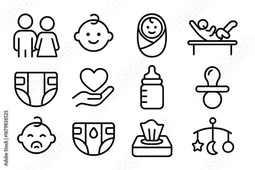 Baby care line icon set. Newborn, family, and parenting symbols. Includes diaper, bottle, pacifier, and parents icons. Outline vector pictograms for web, app, ui, ux.