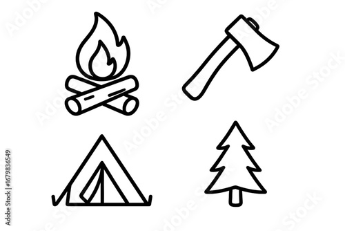 Camping and adventure linear icon set. Bonfire, axe, tent, and pine tree outline symbols for hiking, outdoor, and survival concepts. Editable stroke vector illustration.
