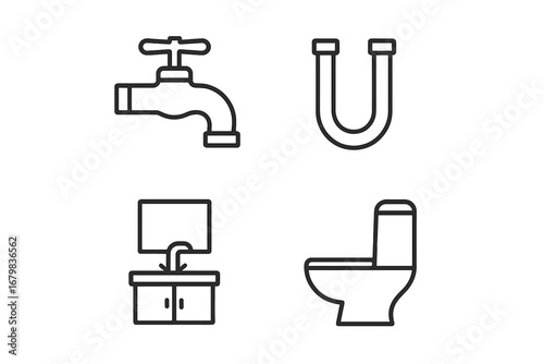 Plumbing and bathroom line icon set. Faucet, toilet, sink and pipe vector symbols. Minimalist outline pictogram collection for web, app, and graphic design. Sanitary ware.