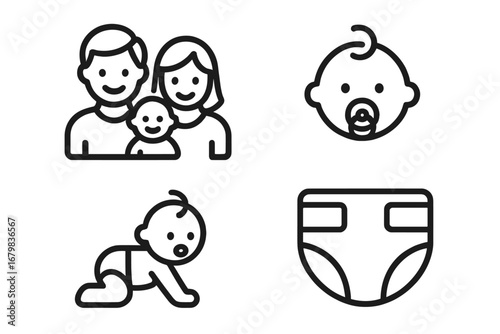 Modern Outline Family and Baby Icons Collection for Design, Parenting Apps, Social Media, Childcare Concepts, Diaper Changing, Infant Care, Parenting, and Child Development Vector Set