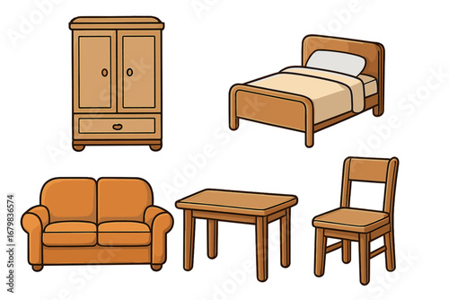 Vector furniture collection for interior design. Cartoon illustration of home items: wardrobe, bed, sofa, table, chair. Simple wooden household objects icon set isolated.