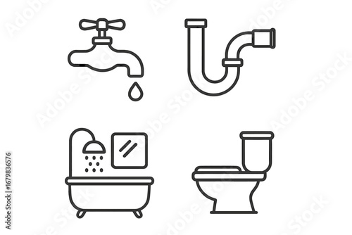 Plumbing and bathroom line icon set. Vector collection of household fixtures. Faucet, pipe, toilet, bathtub, and shower symbols. Minimalist pictograms for web and apps.
