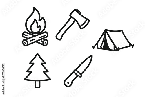 Camping and survival icon set with bonfire, axe, tent, forest tree, and knife. Outdoor adventure, hiking equipment line art. Vector illustration with editable stroke.