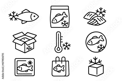 Frozen fish and seafood line icon set. Outline symbols for cold storage, food packaging, grocery store, and temperature. Vector illustration for web, apps, and design.