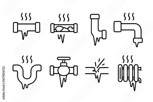 Frozen pipes line icon pack. Winter plumbing problems concept. Water pipe burst, radiator heating, cold temperature damage. Icicle, ice, broken pipeline vector symbols.