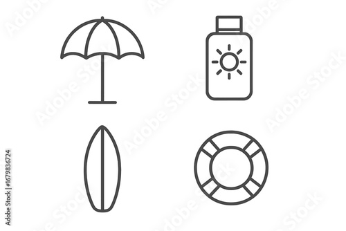 Thin Line Beach Icons Set. Summer vacation outline signs: umbrella, sunscreen, surfboard, lifebuoy. Minimal vector symbols for web, mobile apps, banner, infographic, poster, graphic design