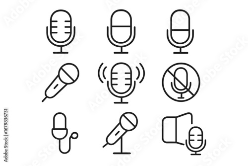 Microphone line icon set. Vector mic symbols for podcast, broadcast, recording, interview and audio concepts. Includes studio, radio, mute and live signs for web or app.