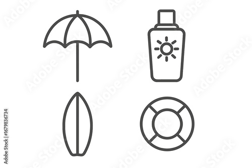 Summer beach vacation icon set with thin line style. Vector outline symbols of umbrella, sunscreen, surfboard, and life preserver for travel, holiday and water safety concepts.