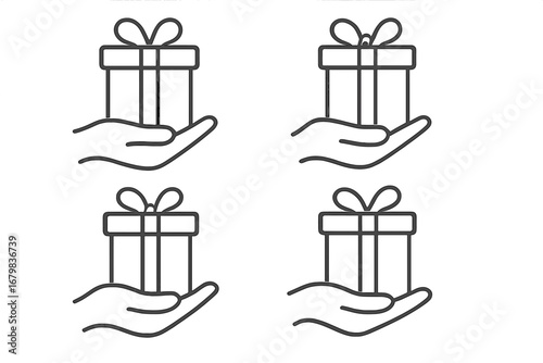 Hand giving gift box outline icon. Concept of charity, donation, surprise. Vector linear graphic of present. Bonus, special offer, loyalty program reward. Editable stroke.