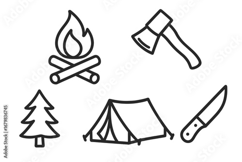 Camping and hiking icon set. Outdoor adventure and survival equipment symbols. Bonfire, axe, tent, pine tree, and knife line art illustrations. Vector outline collection.
