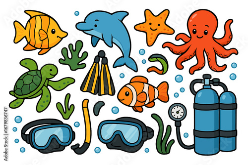 Vector set of cute cartoon sea animals and scuba diving gear. Ocean life collection with dolphin, fish, turtle, octopus. Underwater icons for snorkeling and education.