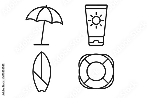 Summer beach icon set. Outline symbols for vacation and travel. Includes umbrella, sunscreen, surfboard, lifebuoy. Thin line vector graphic. Sun protection, water safety.