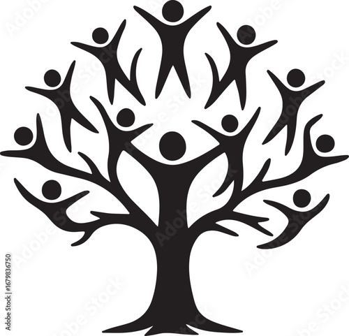 Tree People Silhouettes Logo Vector Community Growth Unity Nature Support Wellness Abstract Symbol Black White Icon
