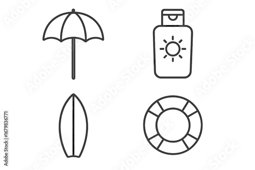 Summer beach icon set with umbrella, sunscreen, surfboard, lifebuoy. Minimalist outline symbols for vacation and travel concepts. Thin line vector illustration for web design.