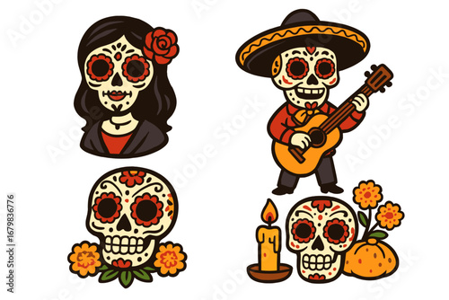Dia de los Muertos vector set. Cartoon illustration for Mexican Day of the Dead. Sugar skull, calavera Catrina, skeleton with guitar, marigolds. Halloween holiday concept.
