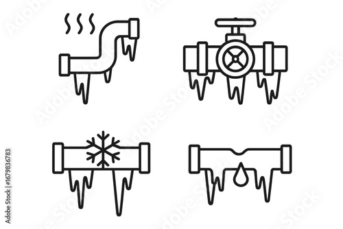 Frozen pipes thin line icon set. Burst pipe, plumbing winter problem, ice damage, and water leak vector icons. Home heating system emergency with icicles and snowflakes.